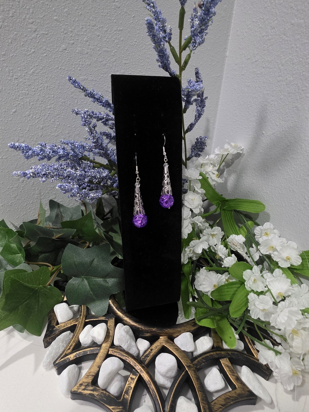 Hand Crafted Purple and Silver Drop Earrings